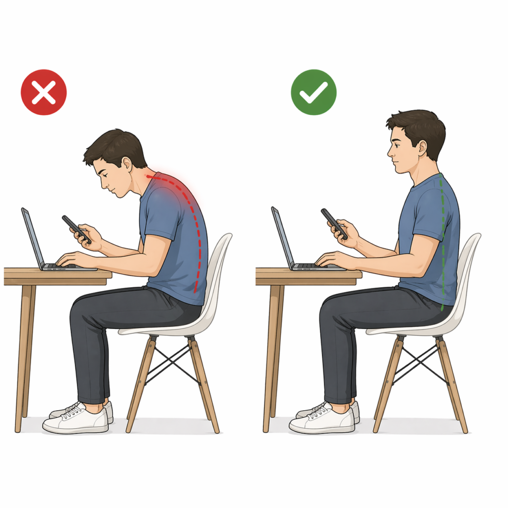 bad vs good posture shoulder pain laptop phone