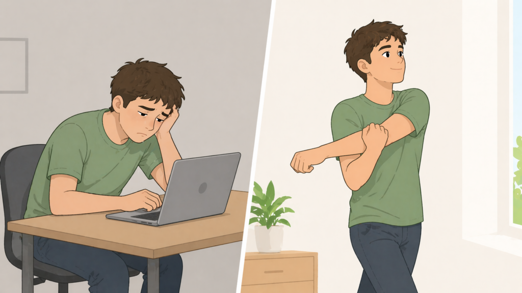 sitting too long vs standing movement energy posture illustration