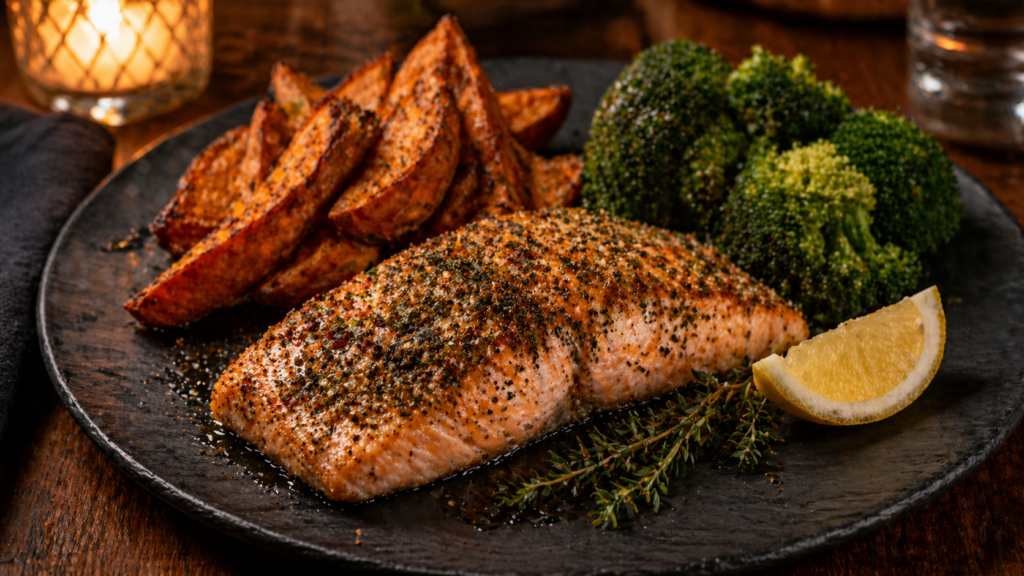 what to eat for sustained energy — healthy dinner with salmon sweet potato and broccoli