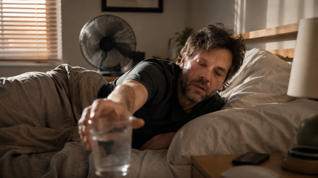 Person waking up with dry mouth in the morning reaching for water on nightstand