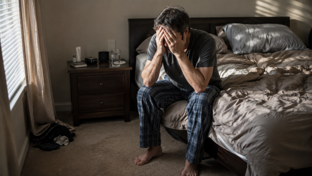 Person waking up tired with dry mouth and headache possible sleep apnea symptoms
