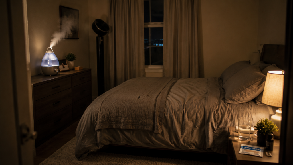 Optimized bedroom setup to prevent dry mouth at night with humidifier and proper airflow