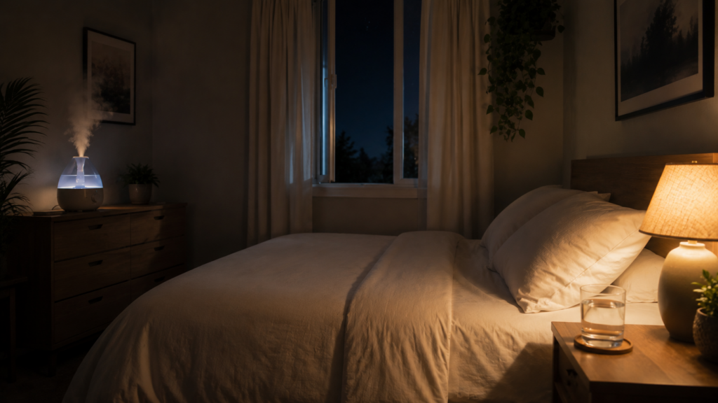 Calm bedroom at night set up for better sleep and dry mouth prevention