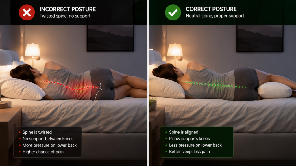 wrong vs correct sleeping posture for lower back pain