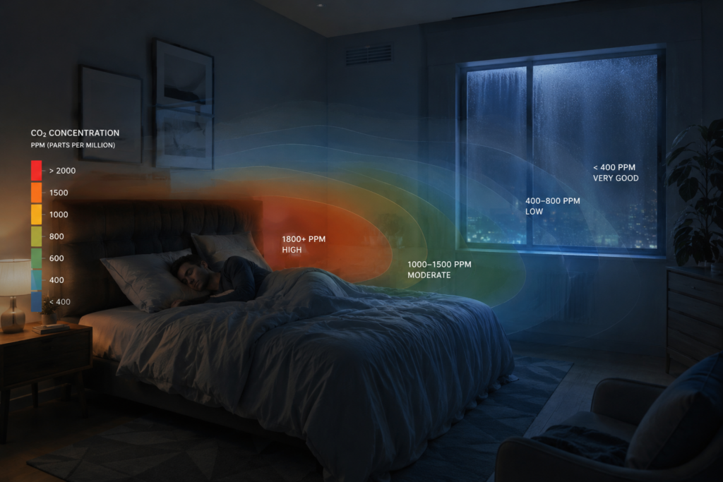 CO2 buildup in bedroom causing fatigue and sleep disruption