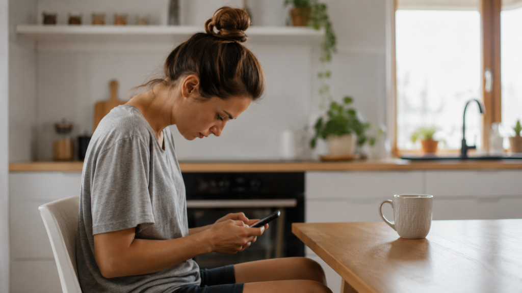 person looking down at phone with forward head posture — bad posture habits from phone use