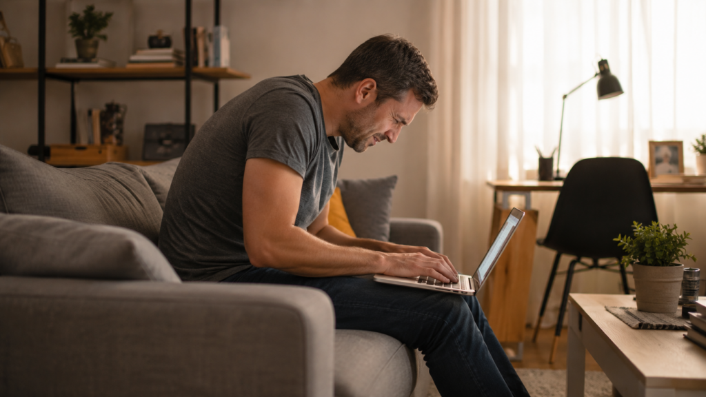 person working on laptop from couch with poor posture — habits that cause back pain
