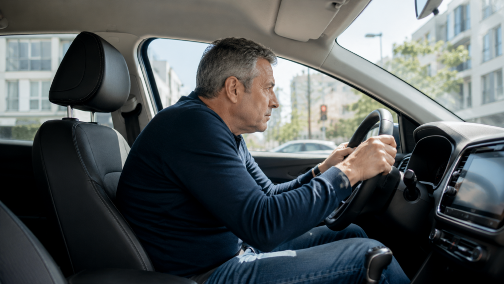 driver slouching with poor posture behind the wheel — daily habits hurting your spine