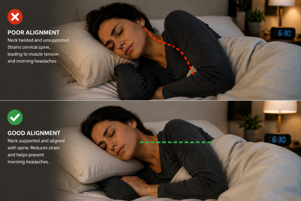 Sleep position dramatically affects cervical spine alignment. Twisted or unsupported positions can trigger morning headaches that are often mistaken for tension headaches.