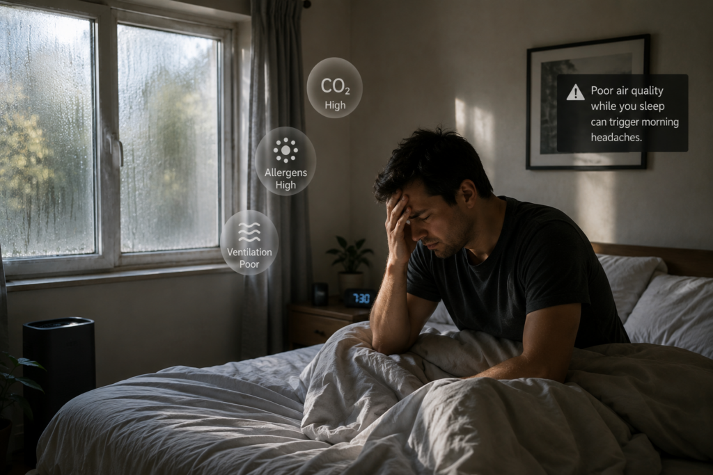 A closed, poorly ventilated bedroom can accumulate CO₂ and allergens overnight — a frequently overlooked cause of morning headaches.
