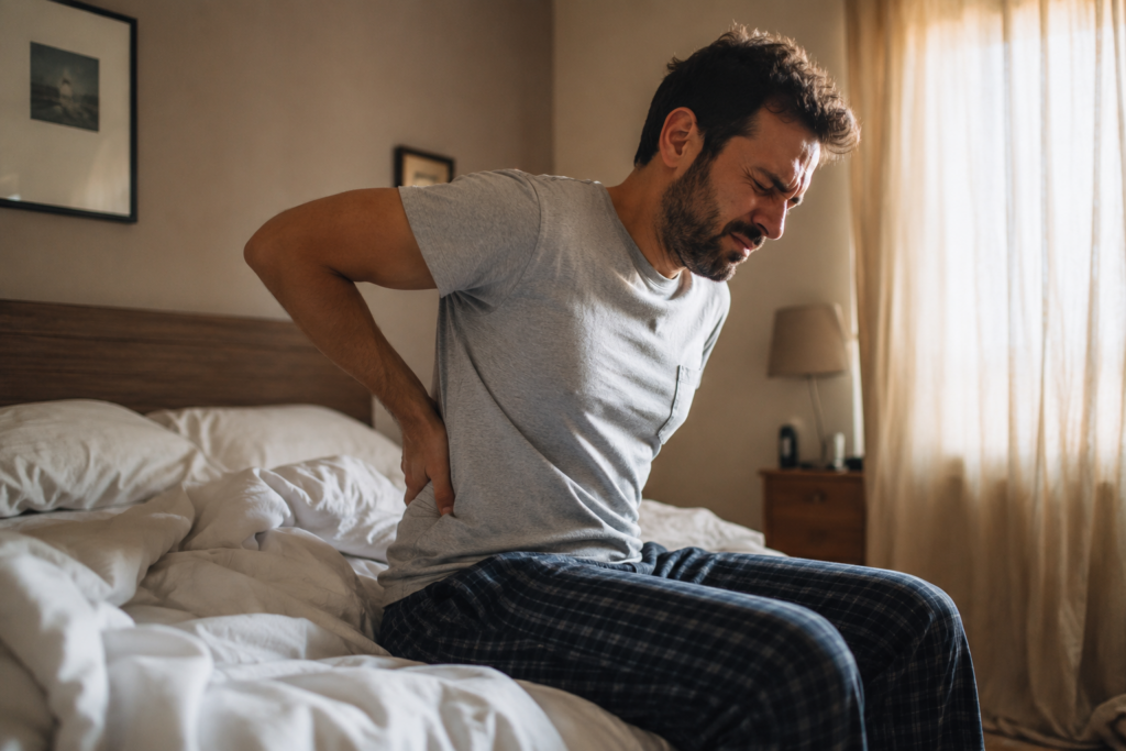 Person experiencing lower back pain after lying down, sitting on bed edge in morning light