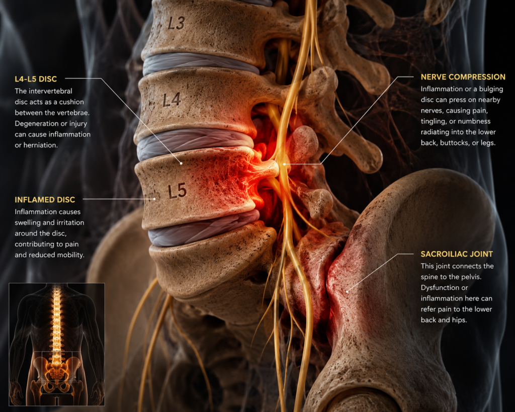 Anatomical illustration showing lumbar spine inflammation causing lower back pain when lying down