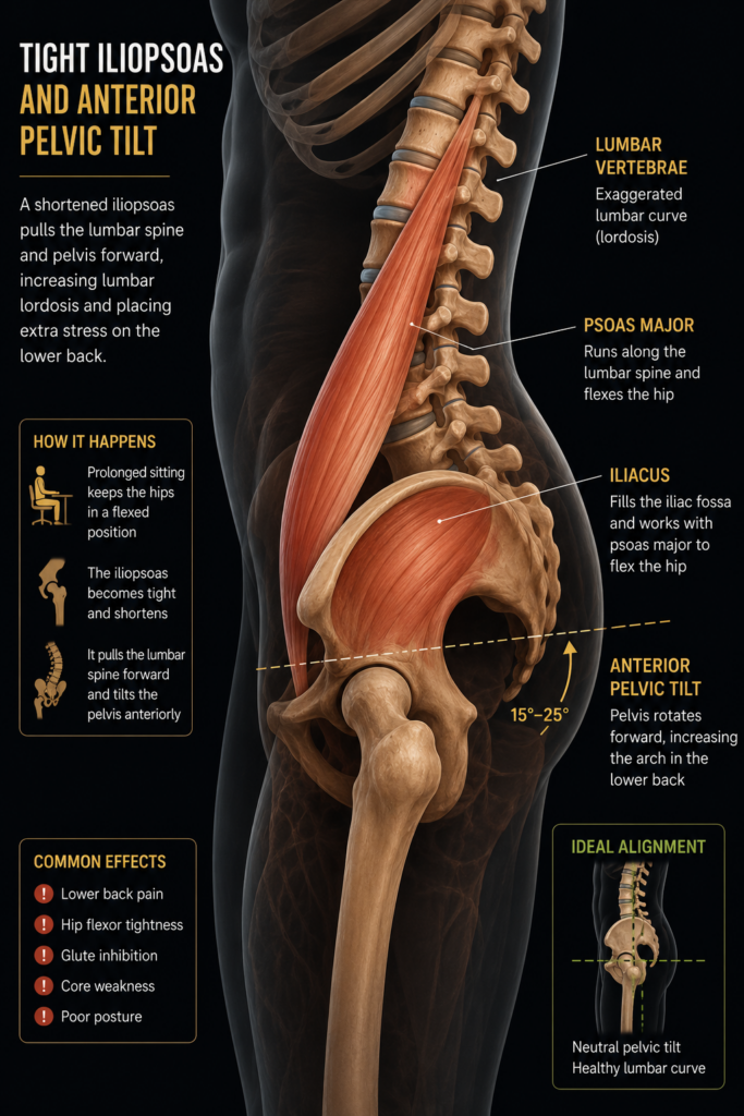 Tight hip flexors causing anterior pelvic tilt and lower back pain in bed — anatomical illustration