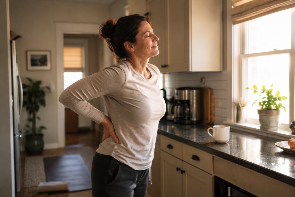Woman stretching lower back stiffness in the morning after waking up with back pain after sleeping 