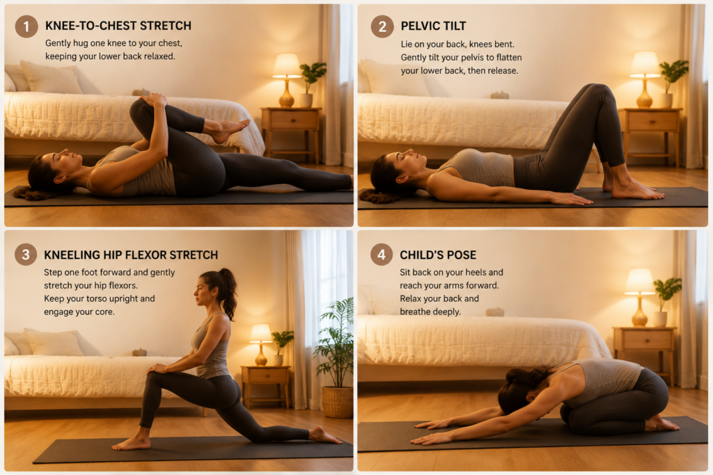 Evening stretching routine to relieve lower back pain after lying down — four moves before bed 