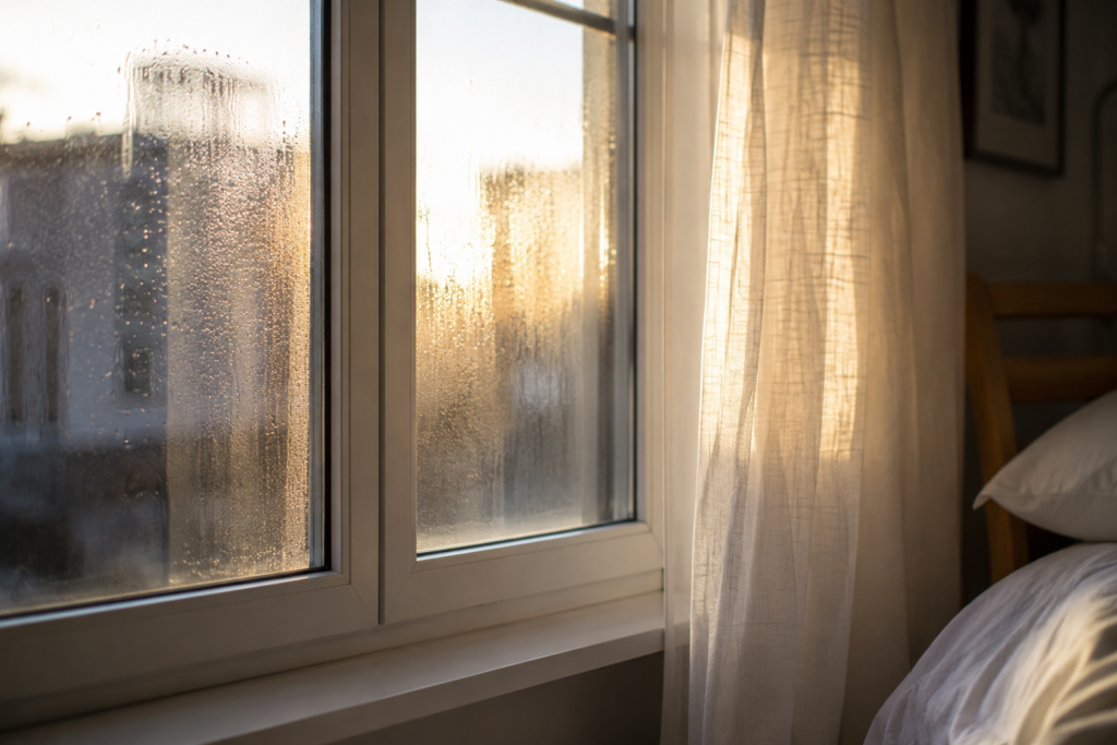 Astuffy room feel fresher with a window with condensation suggesting poor ventilation and humid indoor air