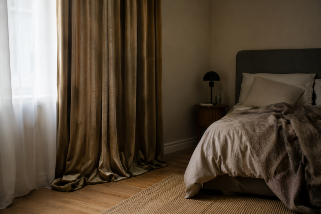 Bedroom corner with heavy curtains and furniture against wall creating poor airflow zones
