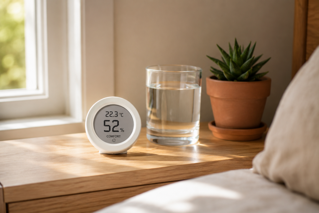 Hygrometer on bedside table for monitoring bedroom humidity levels naturally