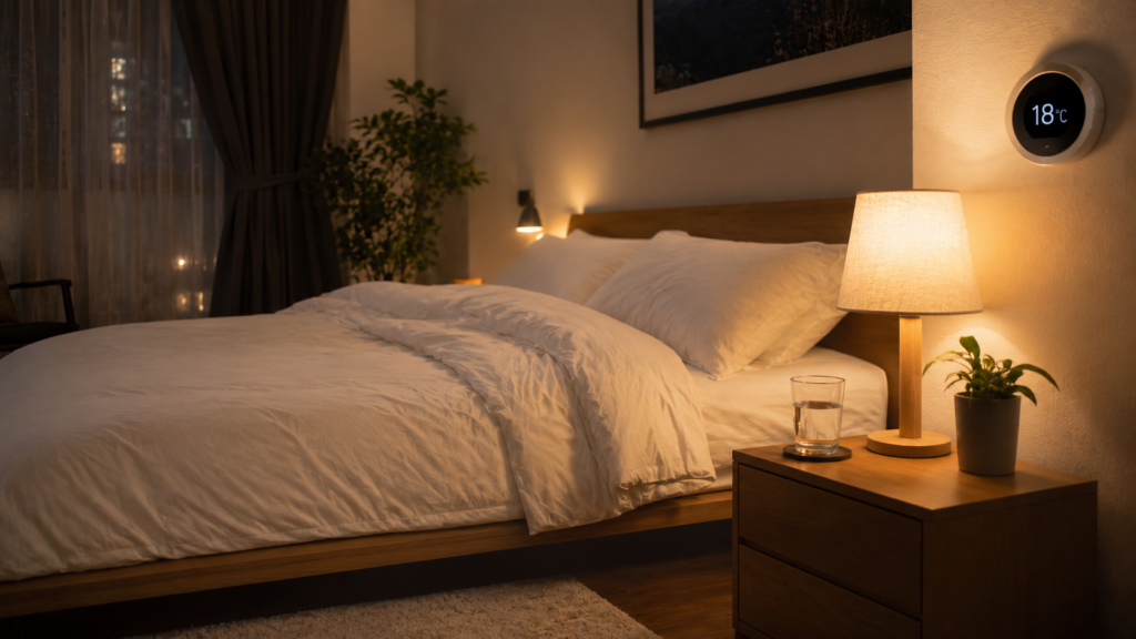 bedroom habits affecting recovery - dark cozy bedroom with optimal sleep environment