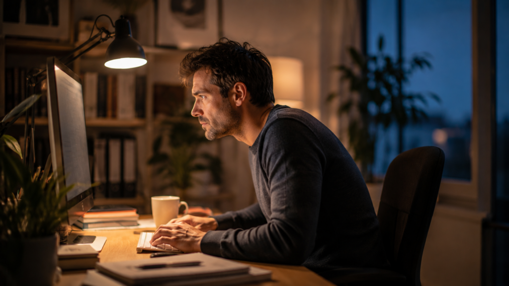 sedentary lifestyle stiffness - office worker sitting with poor posture at desk in the evening
