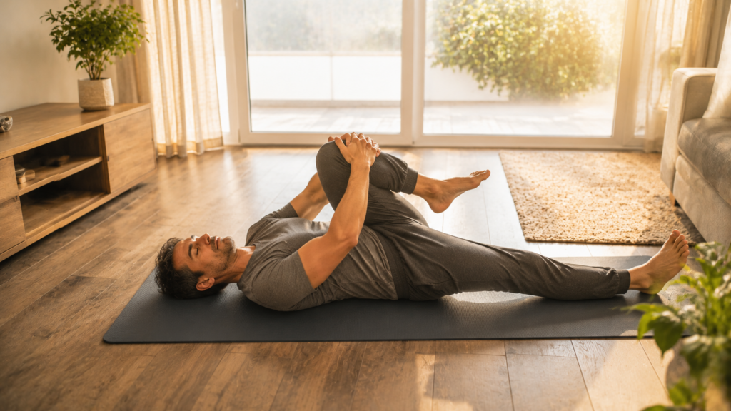 morning mobility routine - person doing gentle floor stretches in morning light