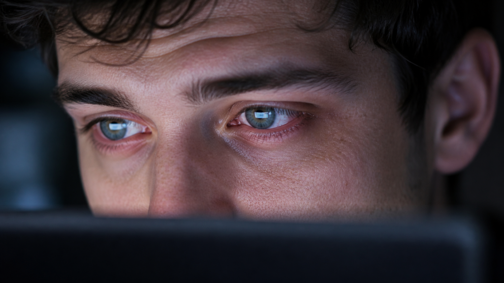 Close-up of tired eyes causing eye strain headache from computer screen