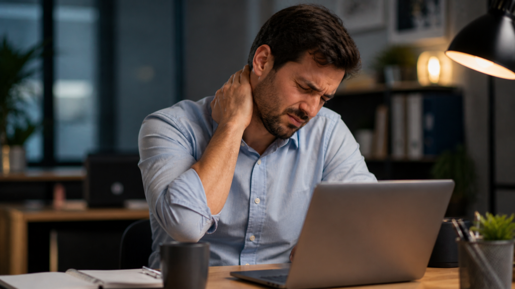 Office worker with neck tension headache at the end of a workday