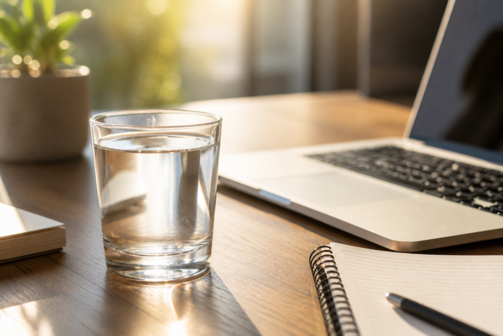 Glass of water on a desk — hydration to combat fatigue from sitting