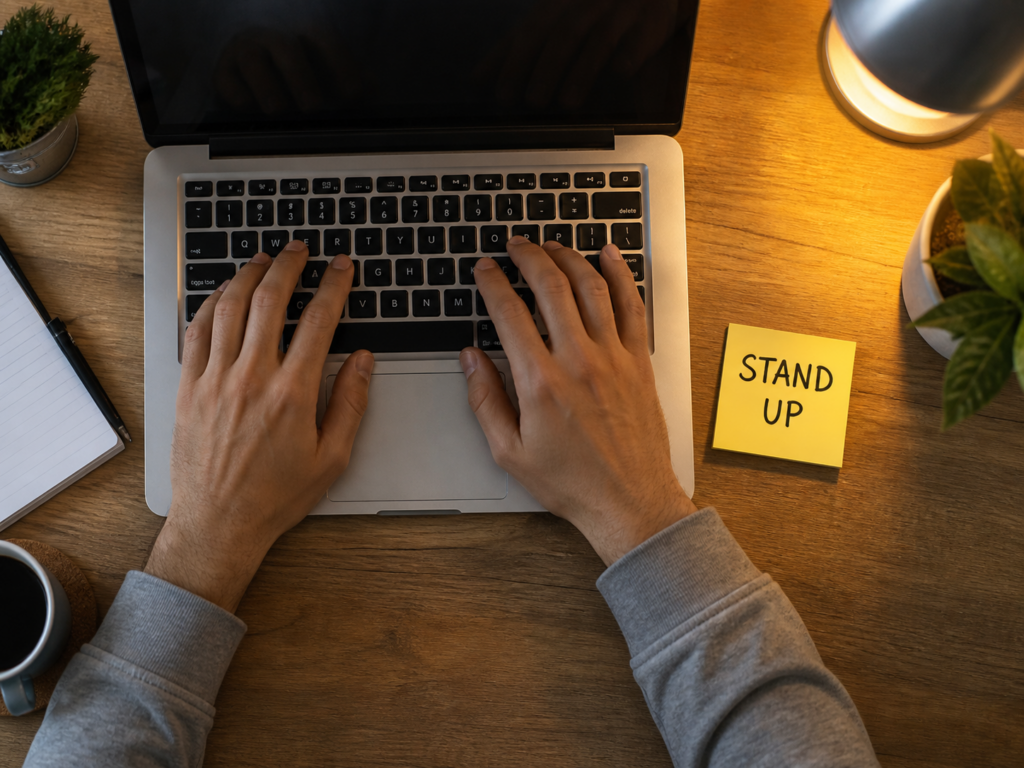 Sticky note reminder to stand up and move during the workday