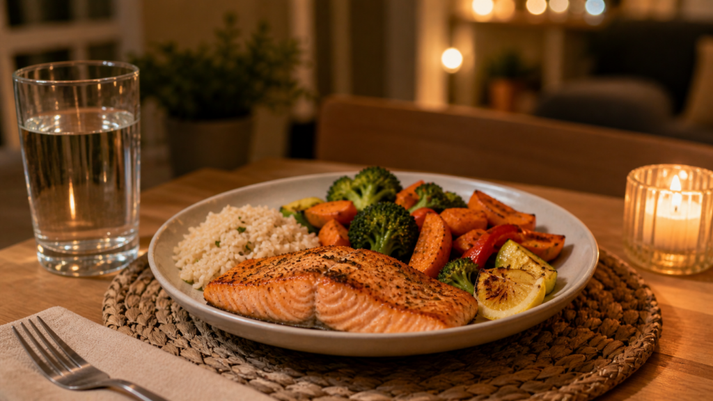 a plate of grilled salmon with roasted vegetables and a small portion of rice