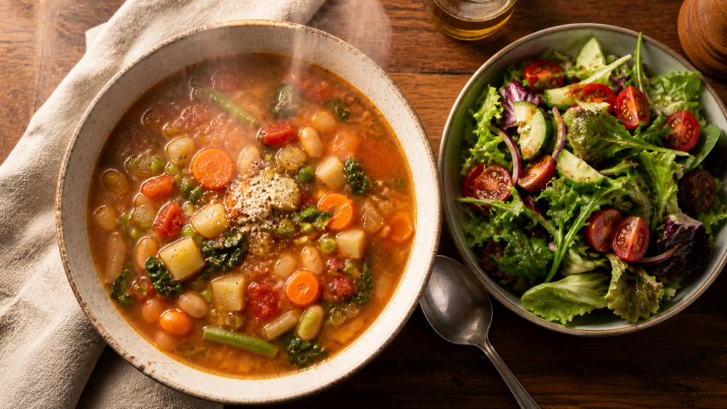 best foods for fat loss large bowl of vegetable soup and salad low calorie meal