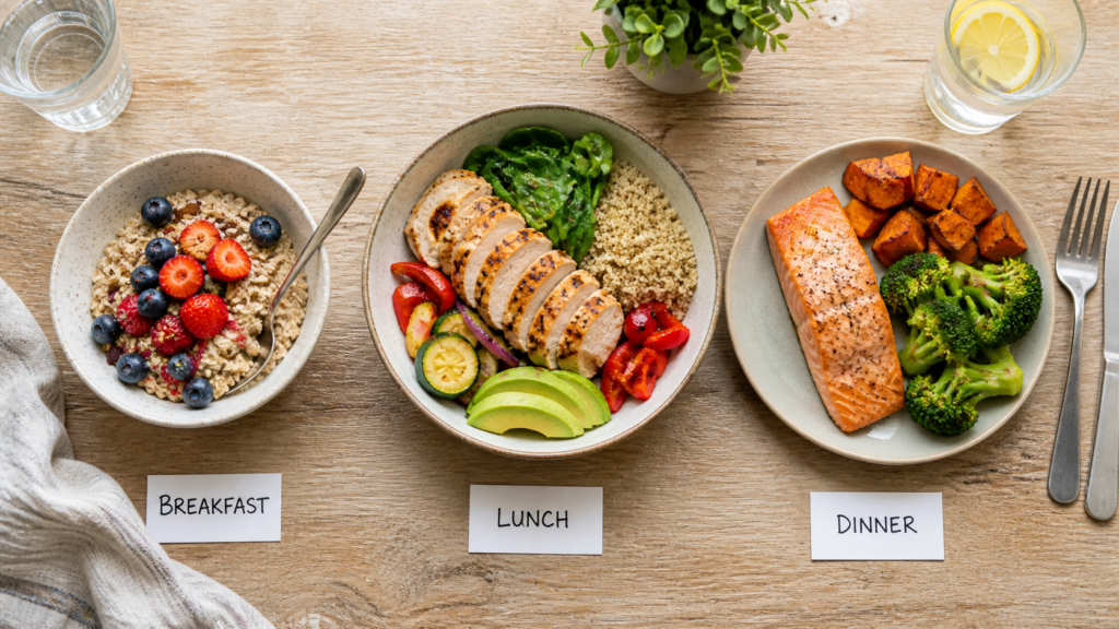 best foods for fat loss full day meal plan laid out on table breakfast lunch dinner