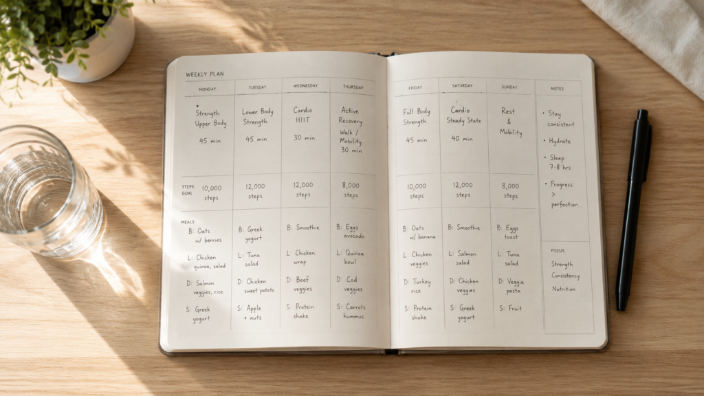 weekly fat loss routine plan on a clean desk planne