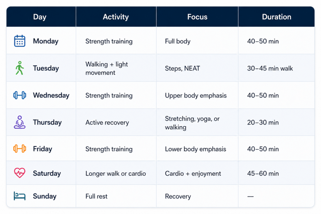 Simple weekly fat loss routine table
