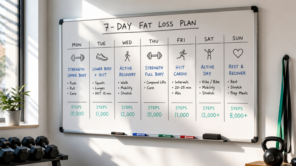 beginner fat loss weekly workout schedule on a whiteboard