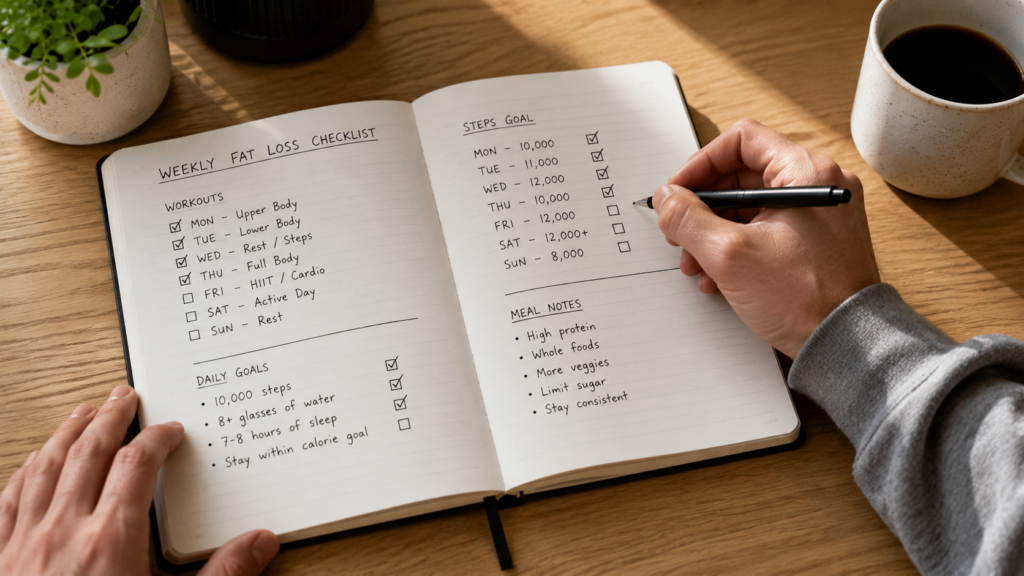 person tracking fat loss progress in a journal with simple checklist