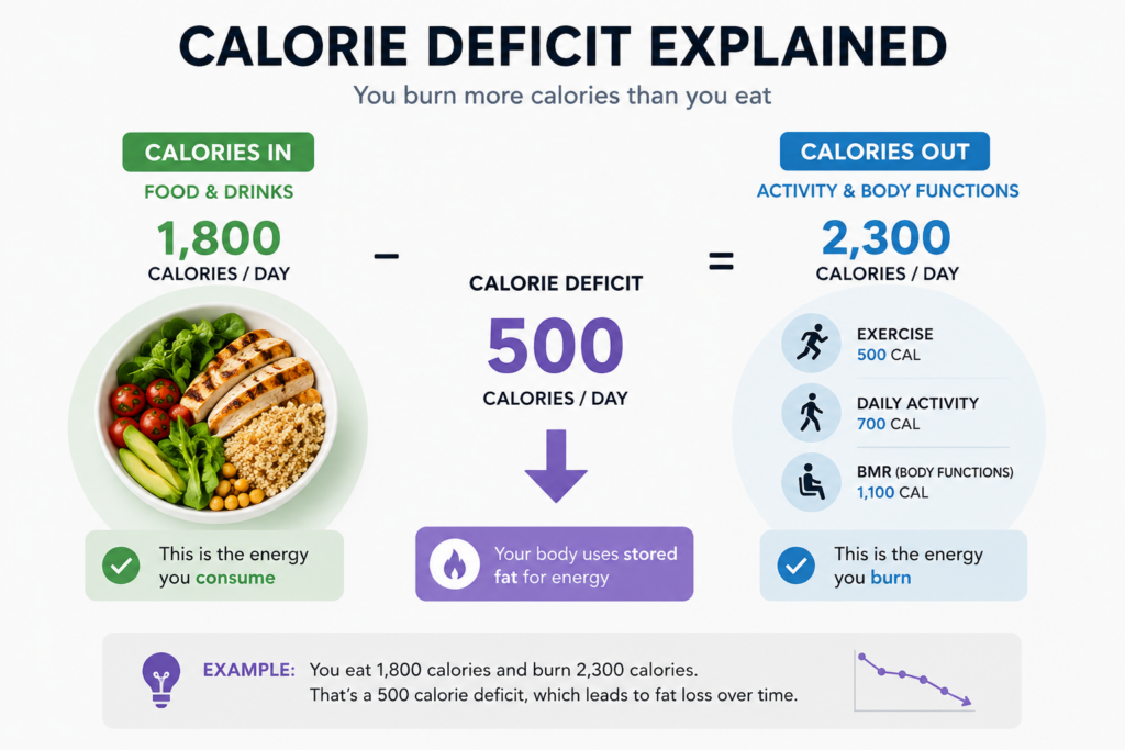 calorie deficit explained intake vs burned energy infographic