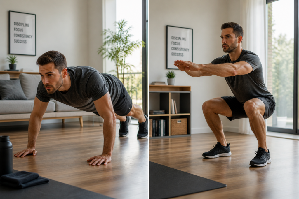home fat loss workout push ups and squats at home