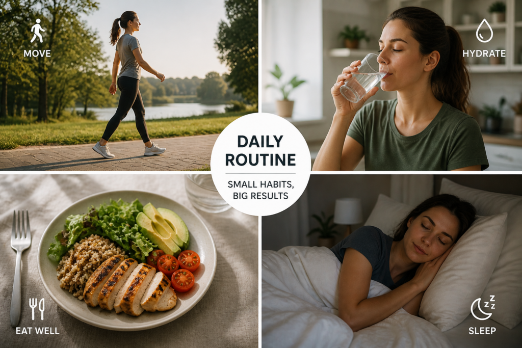 fat loss habits daily routine walking hydration meals sleep