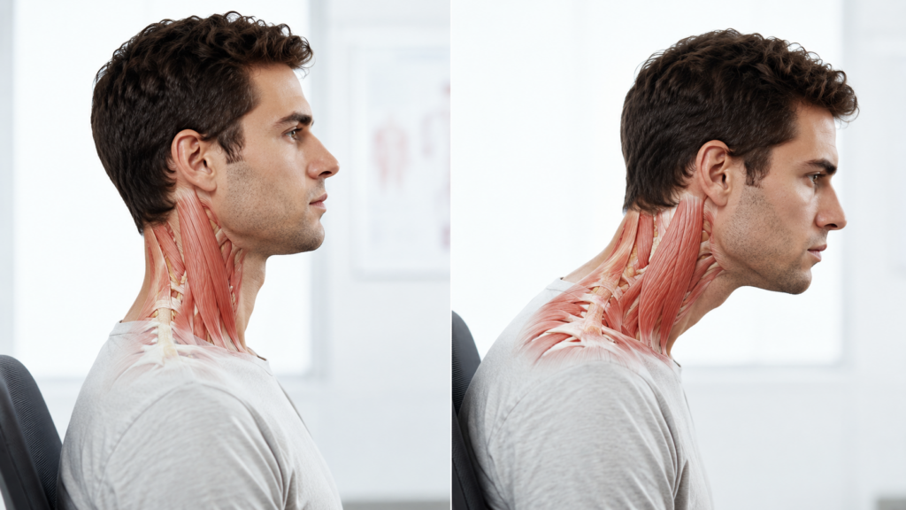 Forward head posture vs healthy cervical alignment — a major cause of neck cracking and stiffness