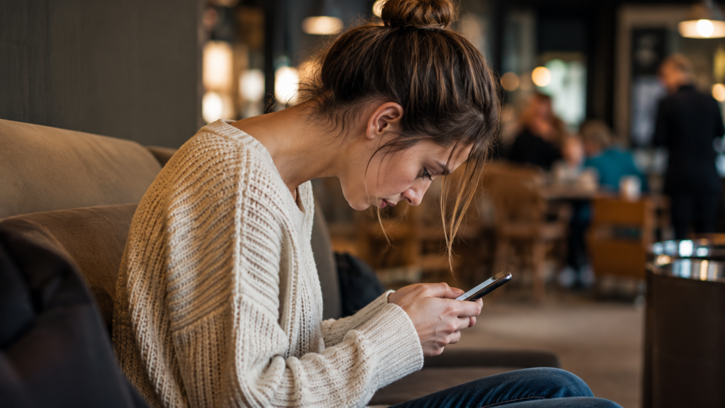 Smartphone posture causing tech neck symptoms and neck cracking from forward head position