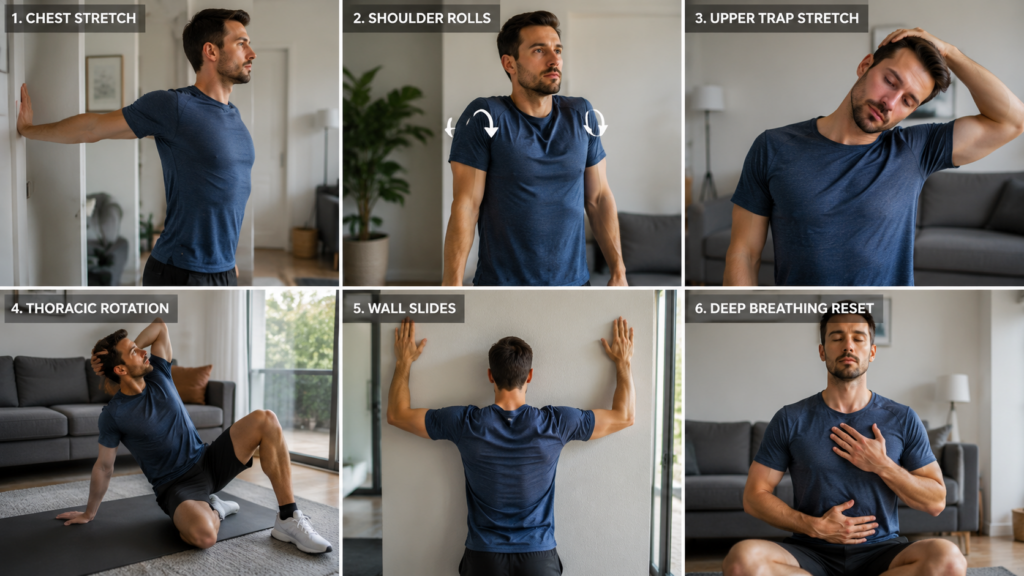 Person performing shoulder tension relief exercises at home