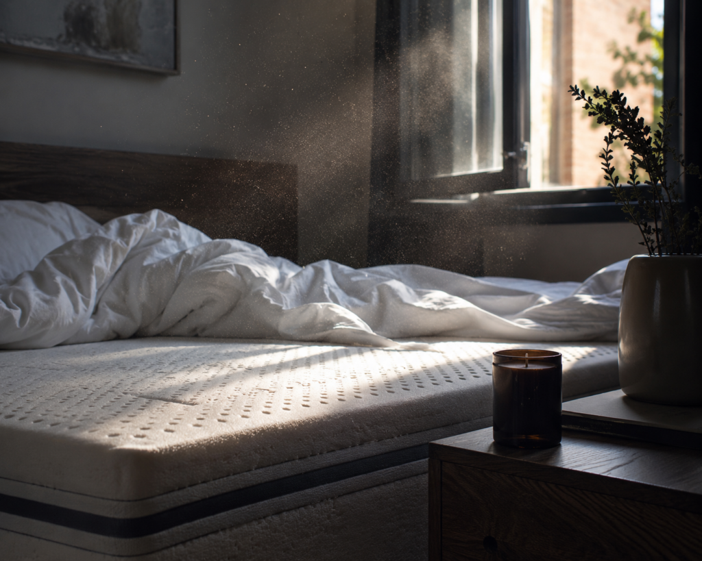 Bedroom with visible airborne particles highlighting the risk of poor air quality at home during sleep