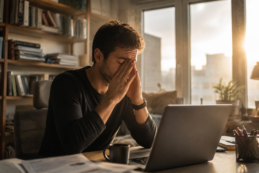 Man experiencing brain fog while working from home, illustrating the cognitive effects of poor air quality at home
