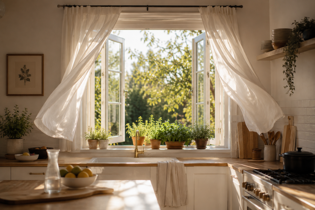 Open kitchen window allowing fresh air exchange to improve poor air quality at home through natural ventilation